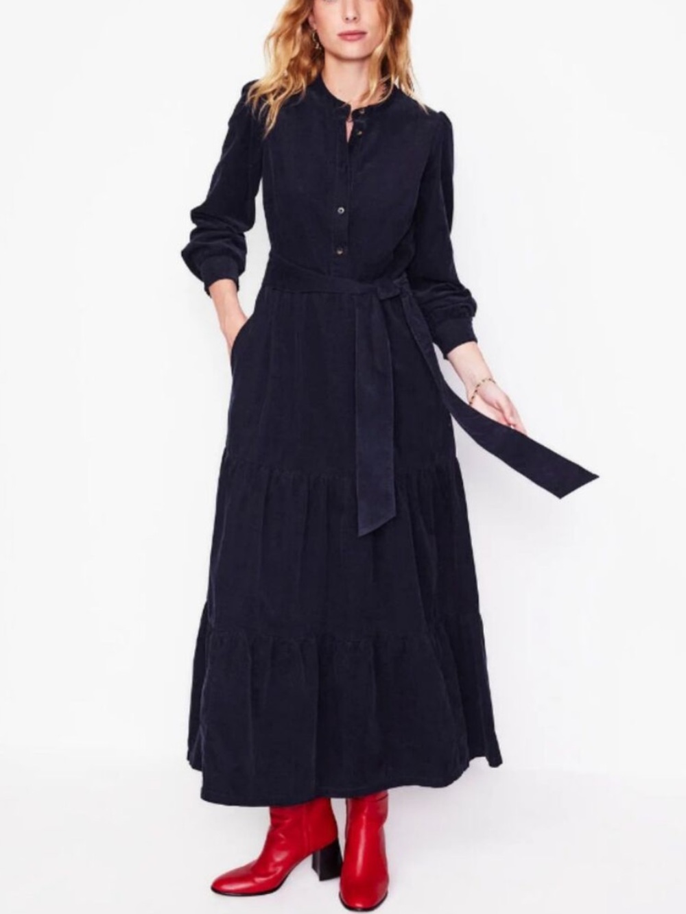 Boden Alba Cord Maxi Shirt Dress Size 8 Navy Blue Corduroy Belted Long Sleeve
